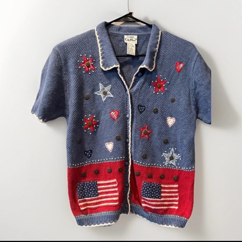Koret City Blues Patriotic USA Flag Cardigan Americana Stars Hearts Knit Top